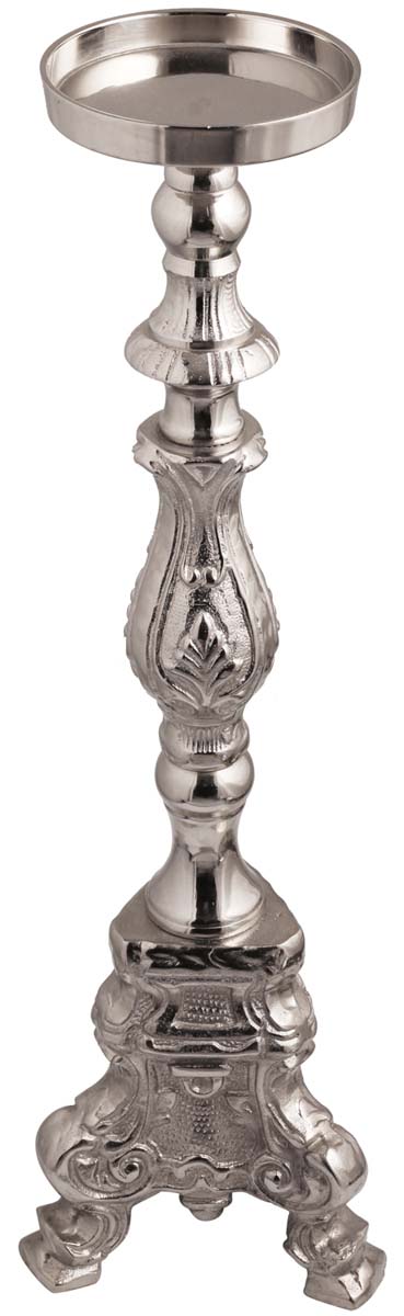 24” Pillar Candleholder with Tri-Stand – In Aluminum with Silver Tone & Embossing – Antique-Look Home Décor / Gifts